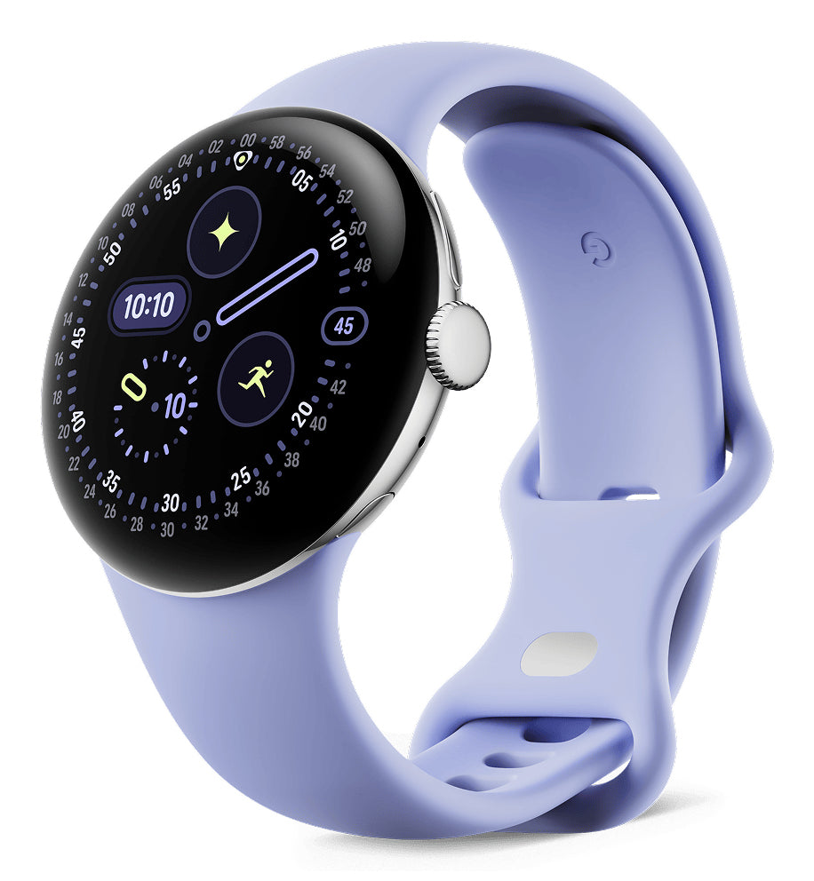 Google Pixel Watch 4 41 mm GPS + Cellular – Aluminium Silber, Sportband, Violett, S/L, 50 m