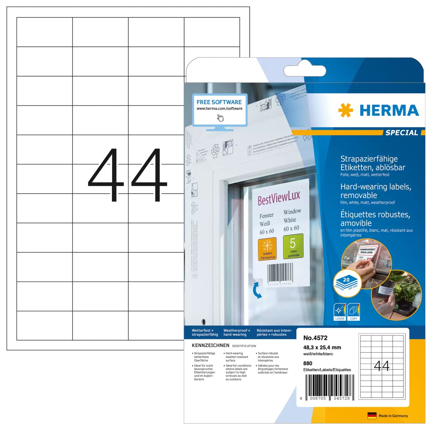 HERMA Druckeretiketten, 48 mm × 25 mm, weiss, Folie, extra stark, 20 Blatt (880 Etiketten)