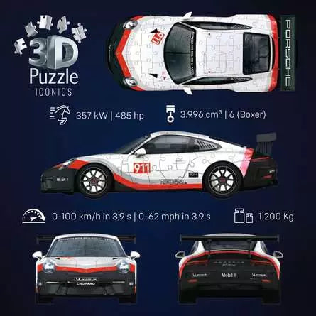 Ravensburger Iconics Porsche 911 GT3 Cup 3D Puzzle – 108 Teile – 25,1×11,1×8 cm – ab 8 Jahren