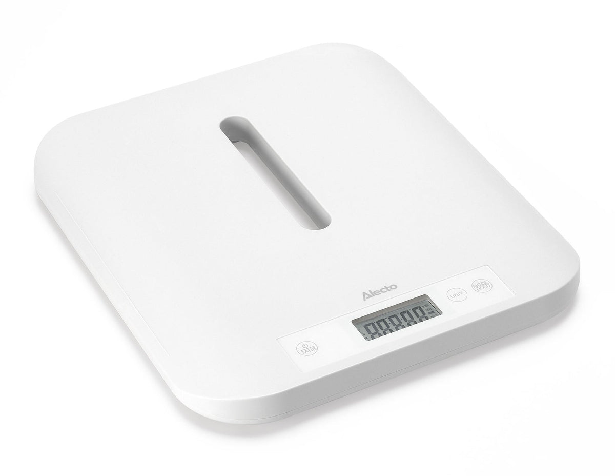 Alecto Paketwaage BC70 – Tragkraft 150 kg, Teilung 5 g, Wiegefläche 70 × 30 cm, Batterie, Kunststoff, Weiss