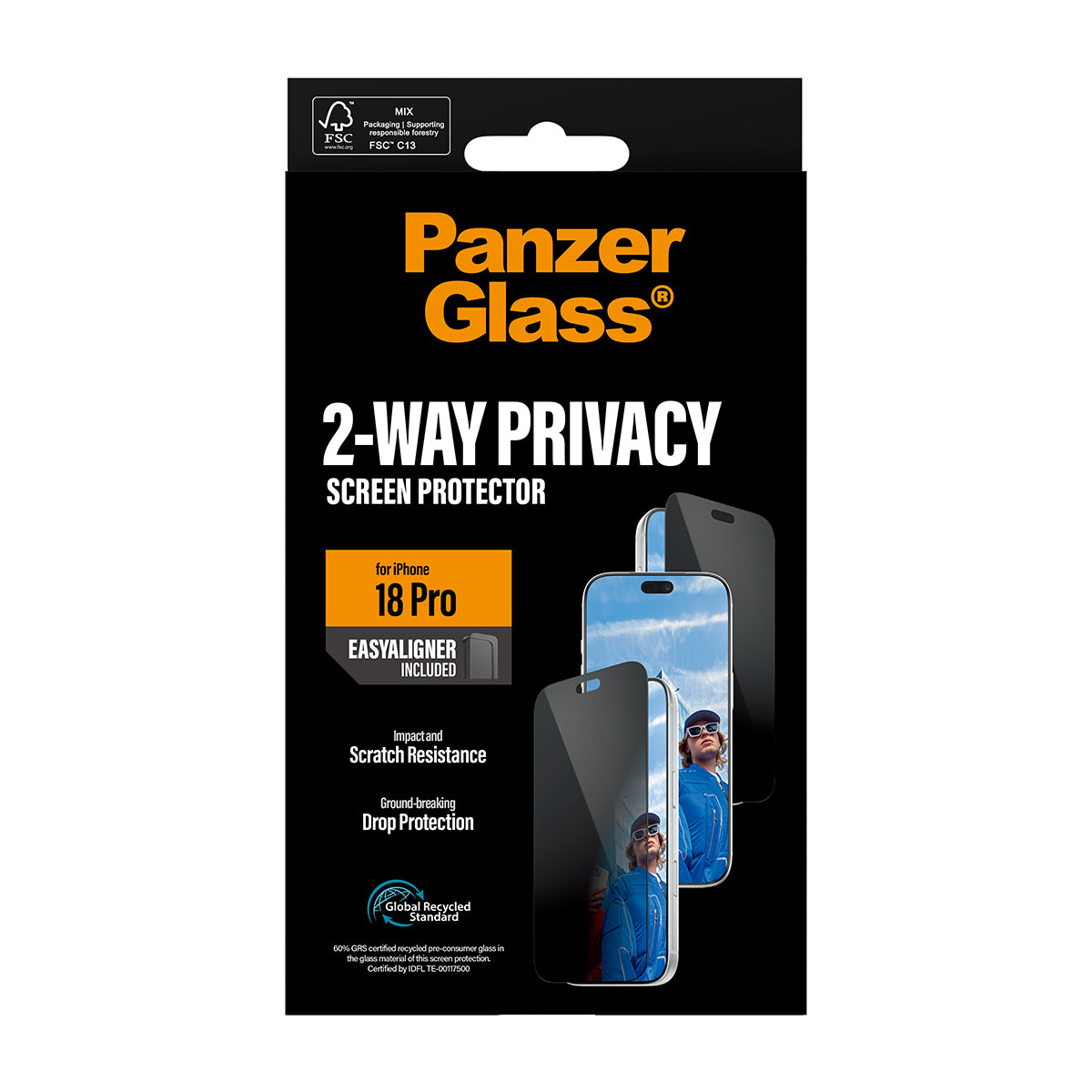 PanzerGlass Privacy-Filter (Folie), Ultra-Wide Fit – für iPhone 18 Pro – mit Applikator