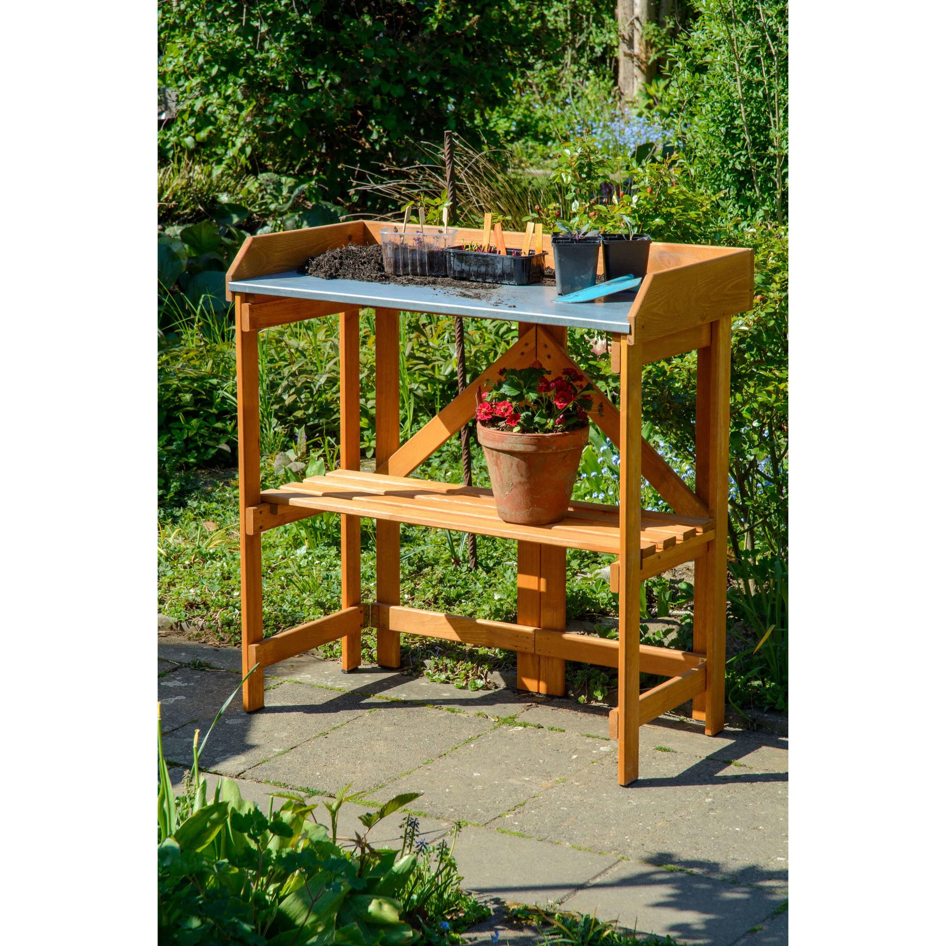 Dobar Faltbarer Pflanztisch (mit Ablage) – Kiefernholz – Braun – 850 × 890 × 440 mm