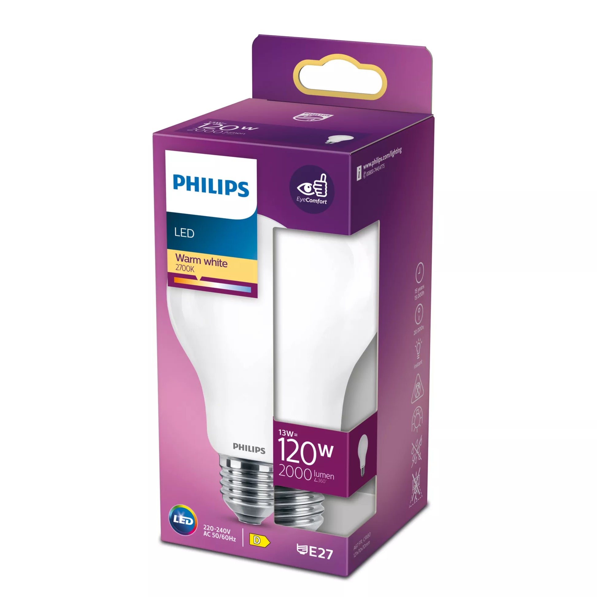 Philips by Signify Philips LED-Leuchtmittel E27 A-Form – 2000 lm, 13 W, Warmweiss 2700 K – 1 Stk., Weiss, Glas