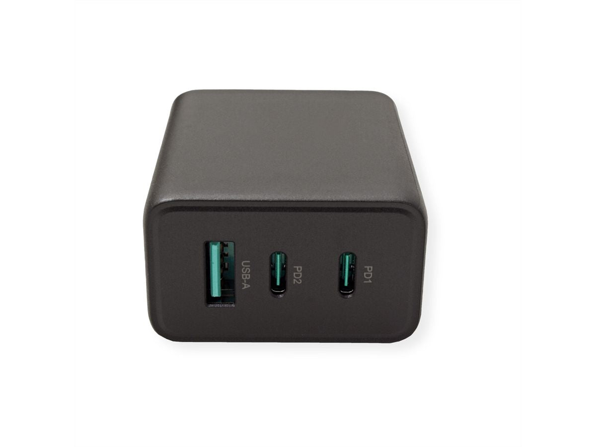 VALUE USB-Wandladegerät 65 W – USB-C×2, USB-A×1 – PD, GaN – EU-Stecker (Typ C) – Schwarz