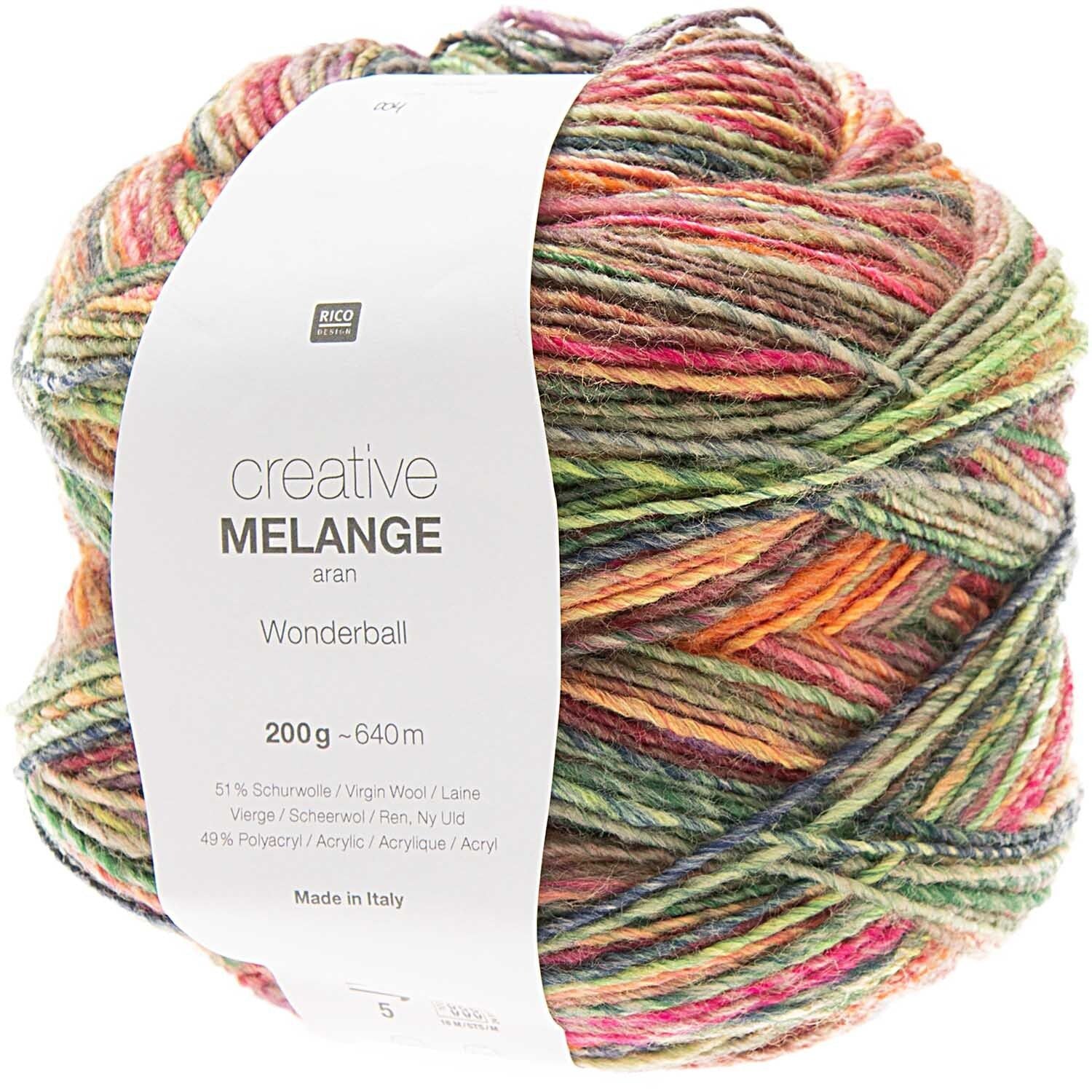 Rico Design Melange Wolle Aran Mehrfarbig – 200 g, 640 m, Nadel 5 mm, 51% Schurwolle/49% Polyacryl, 1 Stk.