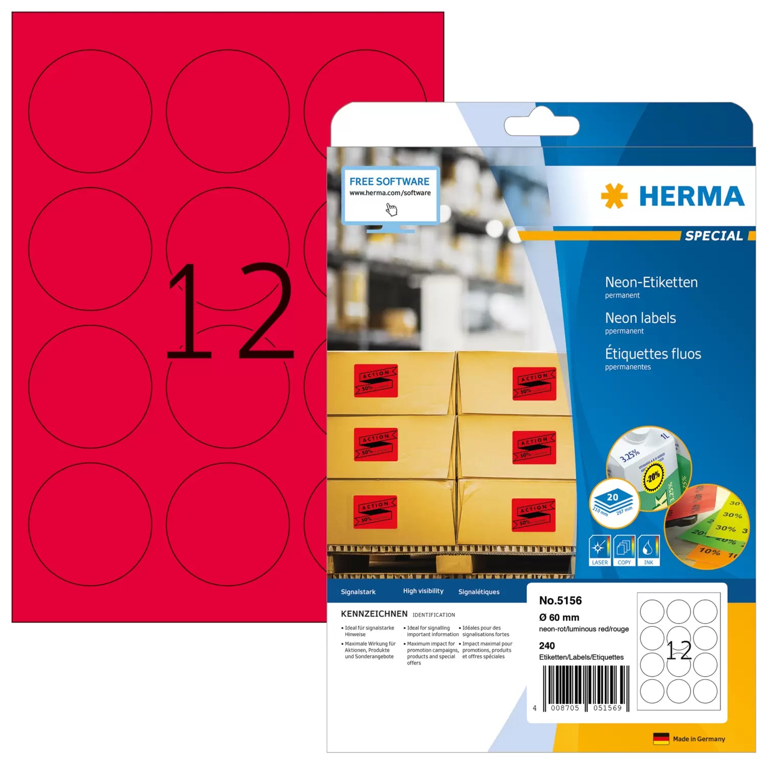 HERMA Druckeretiketten, Ø 60 mm, neonrot, Papier, permanent, 240 Etiketten (20 Blatt)