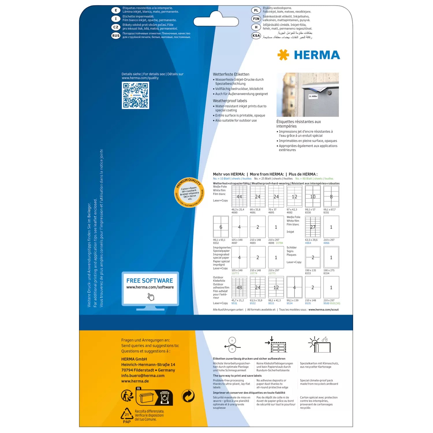 HERMA Druckeretiketten, 64 mm × 30 mm, weiss, Folie, extra stark, 270 Etiketten (10 Blatt)