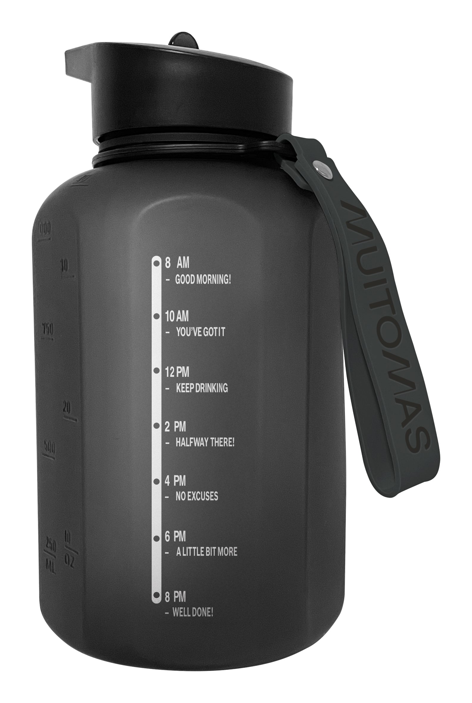 Muitomas Motivationstrinkflasche 1,2 l – Kunststoff, mit Strohhalm, Schwarz