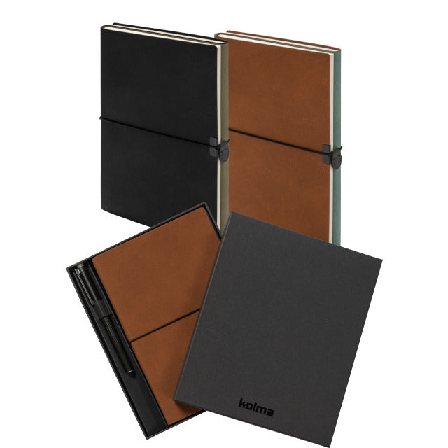 Kolma Notizbuch – A5 – 224 Blatt – 80 g/m² – Softcover, Gummiband, Stiftschlaufe – Braun/Türkis