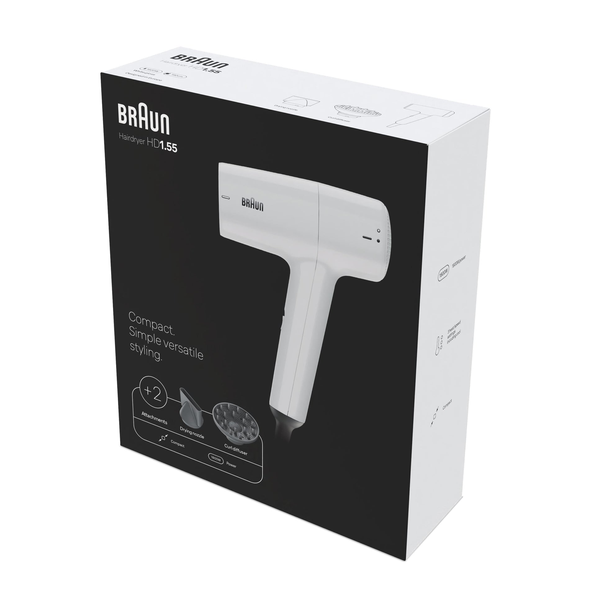 Braun Haartrockner HD1.55 – 1800 W, 1,8 m Kabel, Weiss