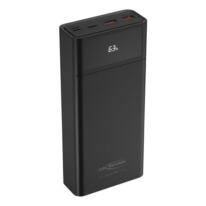 Ansmann Powerbank 24000 mAh, PD 22,5 W, 1× USB-C, 2× USB-A, mit LED-Display, für Smartphones, schwarz