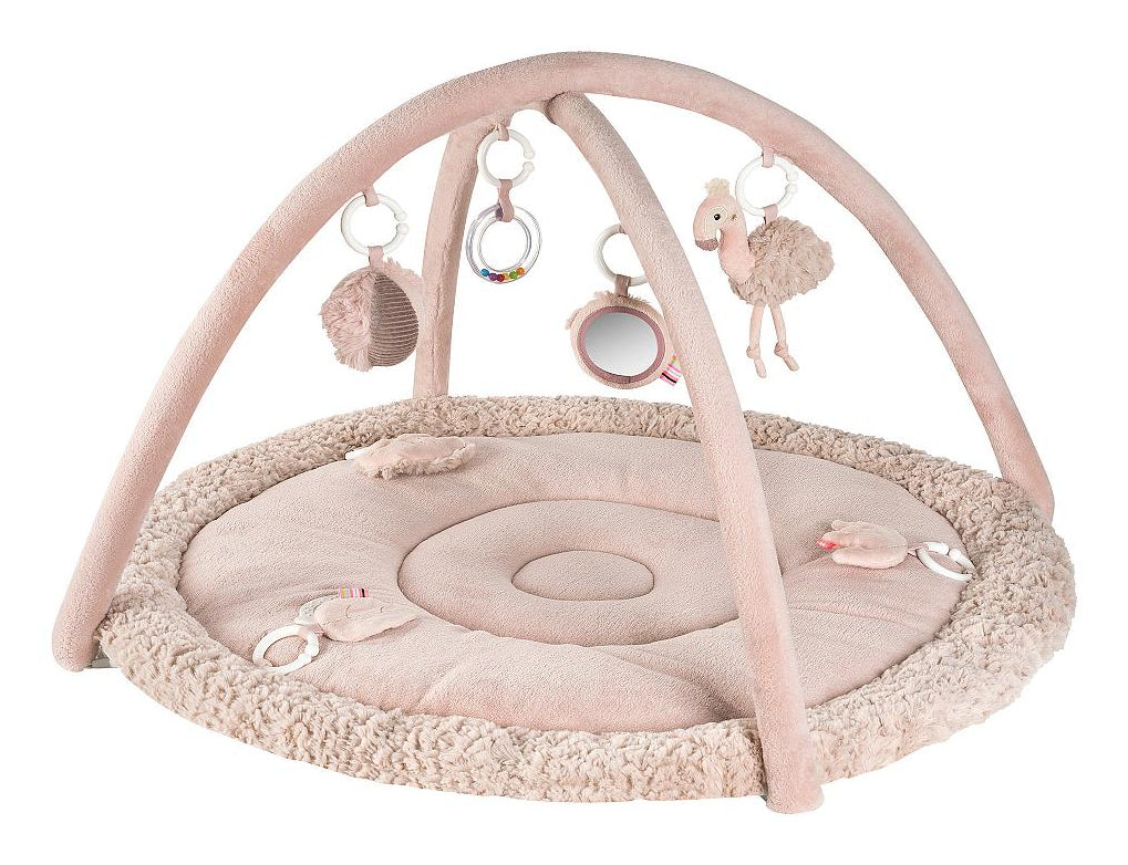 Fehn Krabbeldecke Flamingo – mit Spielbogen, 5 Spielbügel – 92 × 48 cm – ab 0 J. – Plüsch, Polyester – rosa