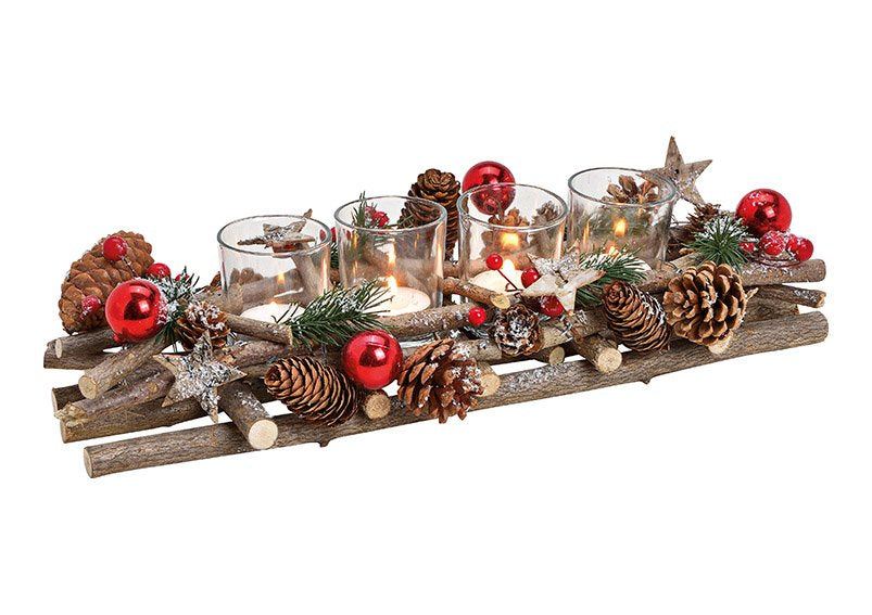 G. Wurm Adventsgesteck mit Teelichthalter – Glas & Holz, mehrfarbig – 40 × 17 × 10 cm