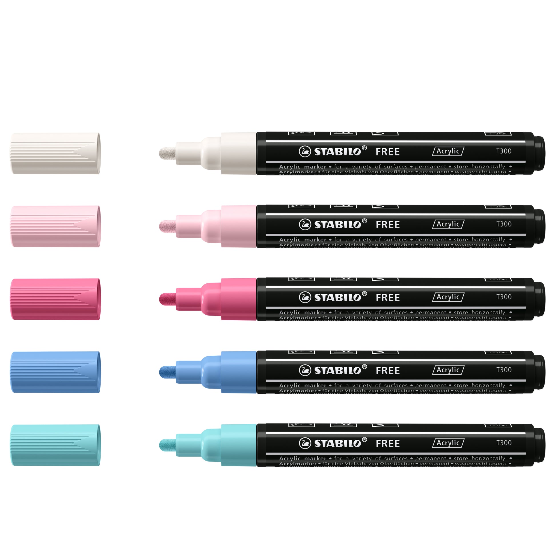 STABILO FREE Acryl T300 Acrylmarker – Rundspitze 2–3 mm – Candy, 5er-Set – für Stein