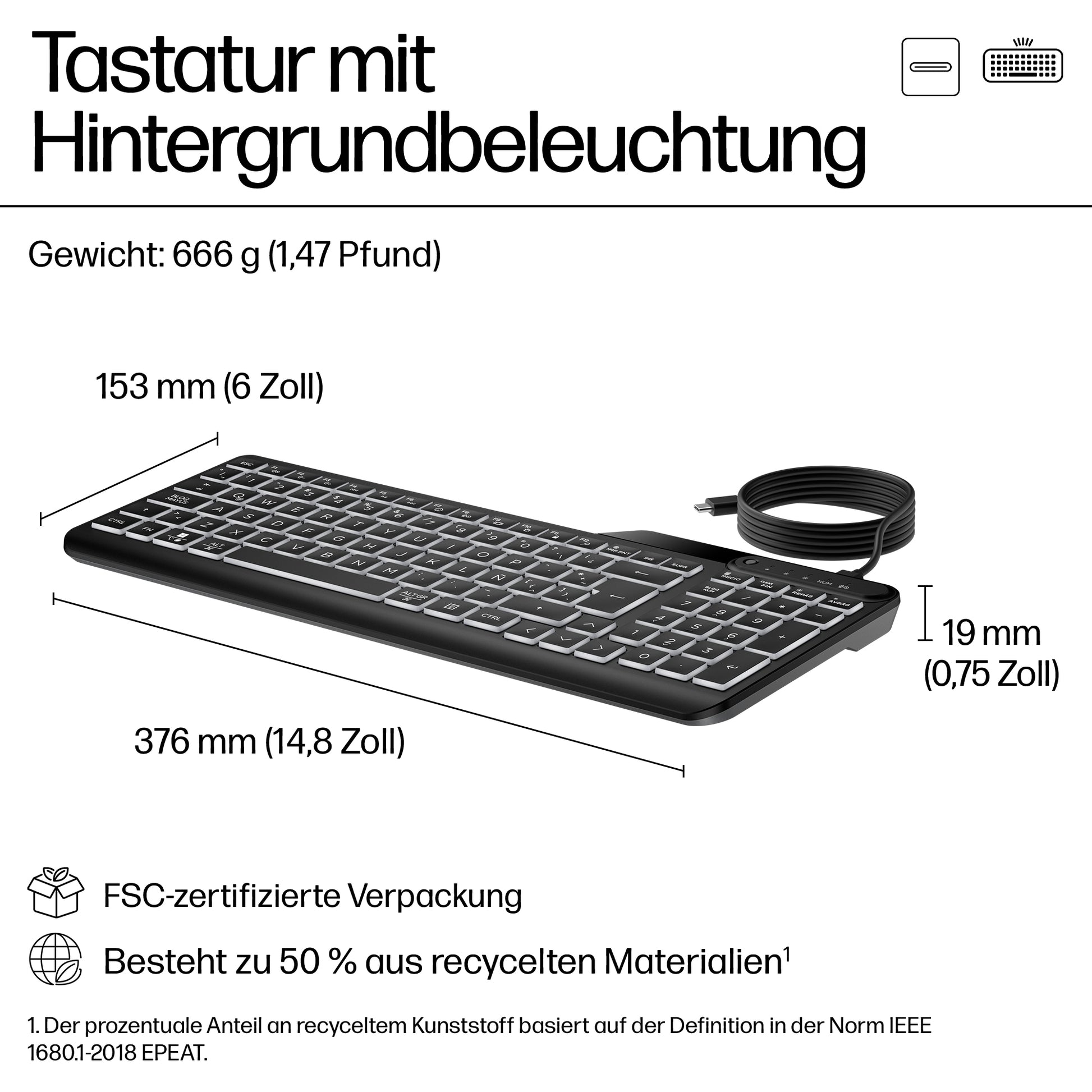 HP 405 – Tastatur, kabelgebunden (USB-C), Fullsize (mit Ziffernblock) – für Windows 10, Windows 11 & ChromeOS