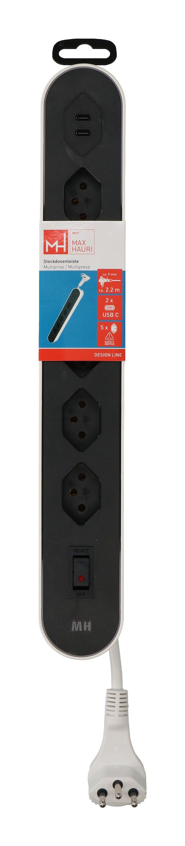 Max Hauri AG Max Hauri Design Line Steckdosenleiste – 5× T13, 2× USB-C 20 W, 2,2 m, mit Schalter, Weiss