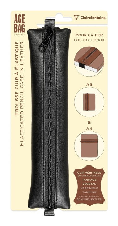 Clairefontaine Schlamperetui, leer, schwarz, Leder, 20 × 4,5 cm