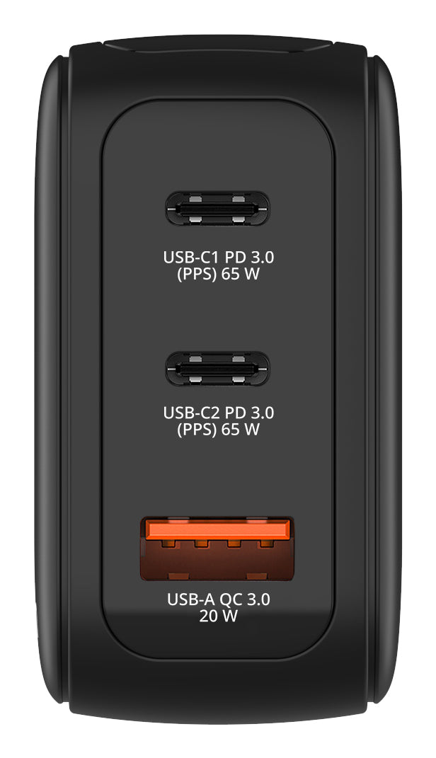 Verbatim 30238 USB-Ladegerät 65 W – USB-C×2, USB-A×1 – PD 3.0, PPS, QC 3.0 – GaN – EU/UK/US-Stecker – Schwarz