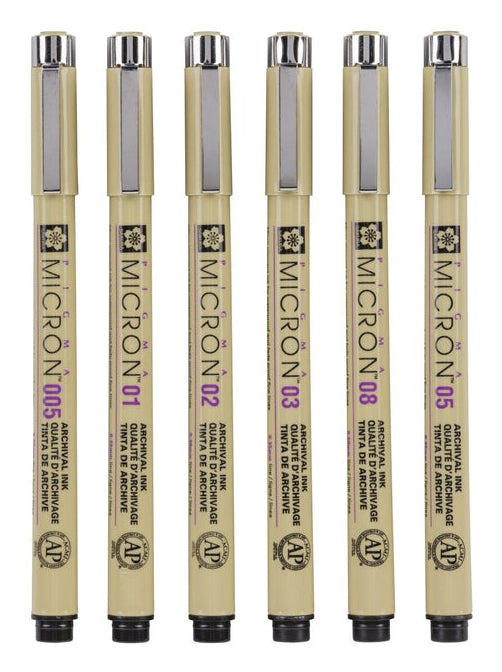Sakura Pigma Micron Fineliner – 6er-Set – Schwarz – Wasserfest
