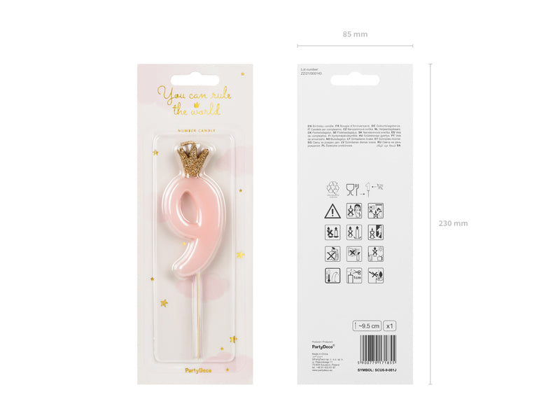 PartyDeco Geburtstagskerzen Zahl 9 – Rosa – 5 cm – 1 Stück