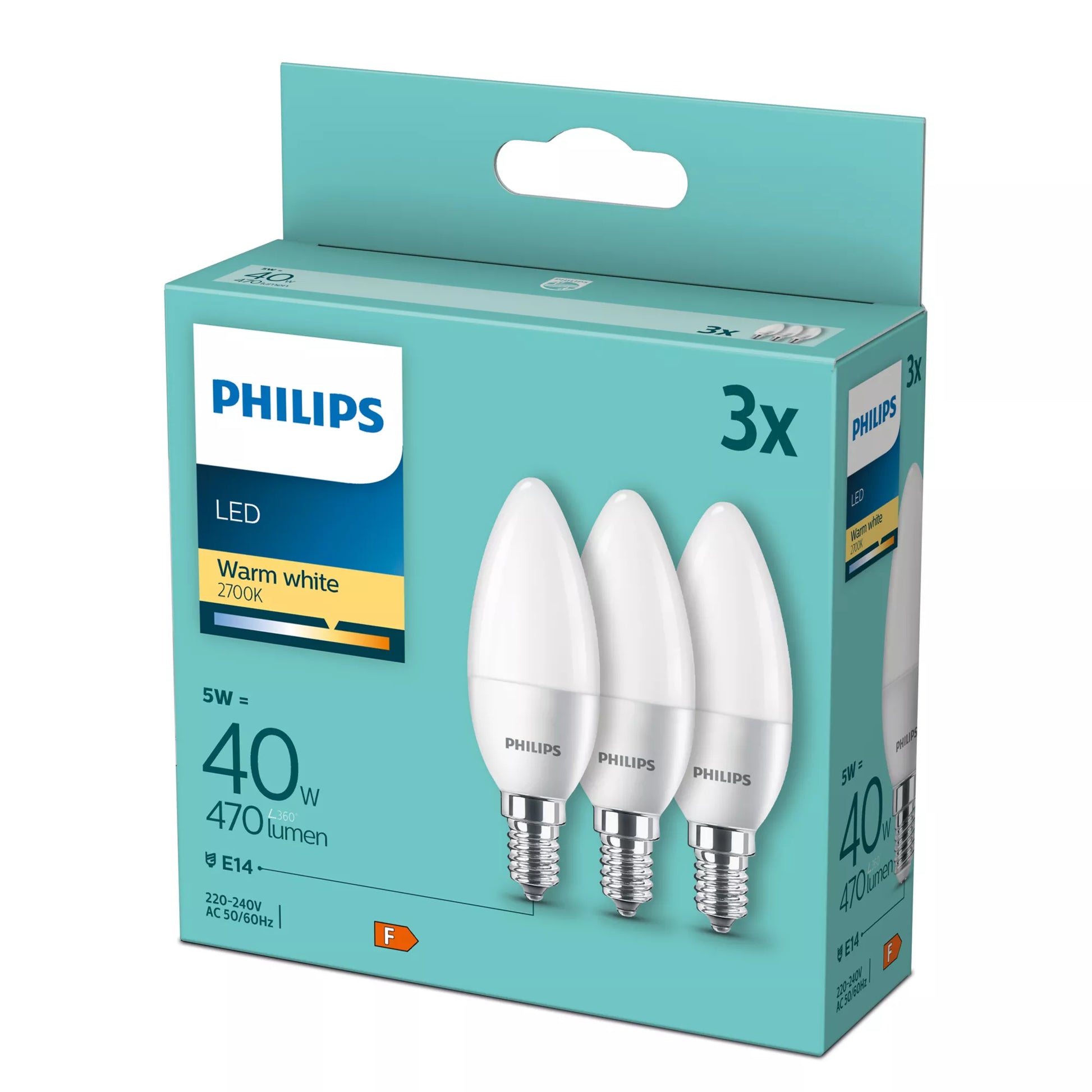 Philips by Signify Philips LED-Leuchtmittel E14 B35 – Warmweiss 2700 K, 470 lm, 4,9 W – 3 Stk.
