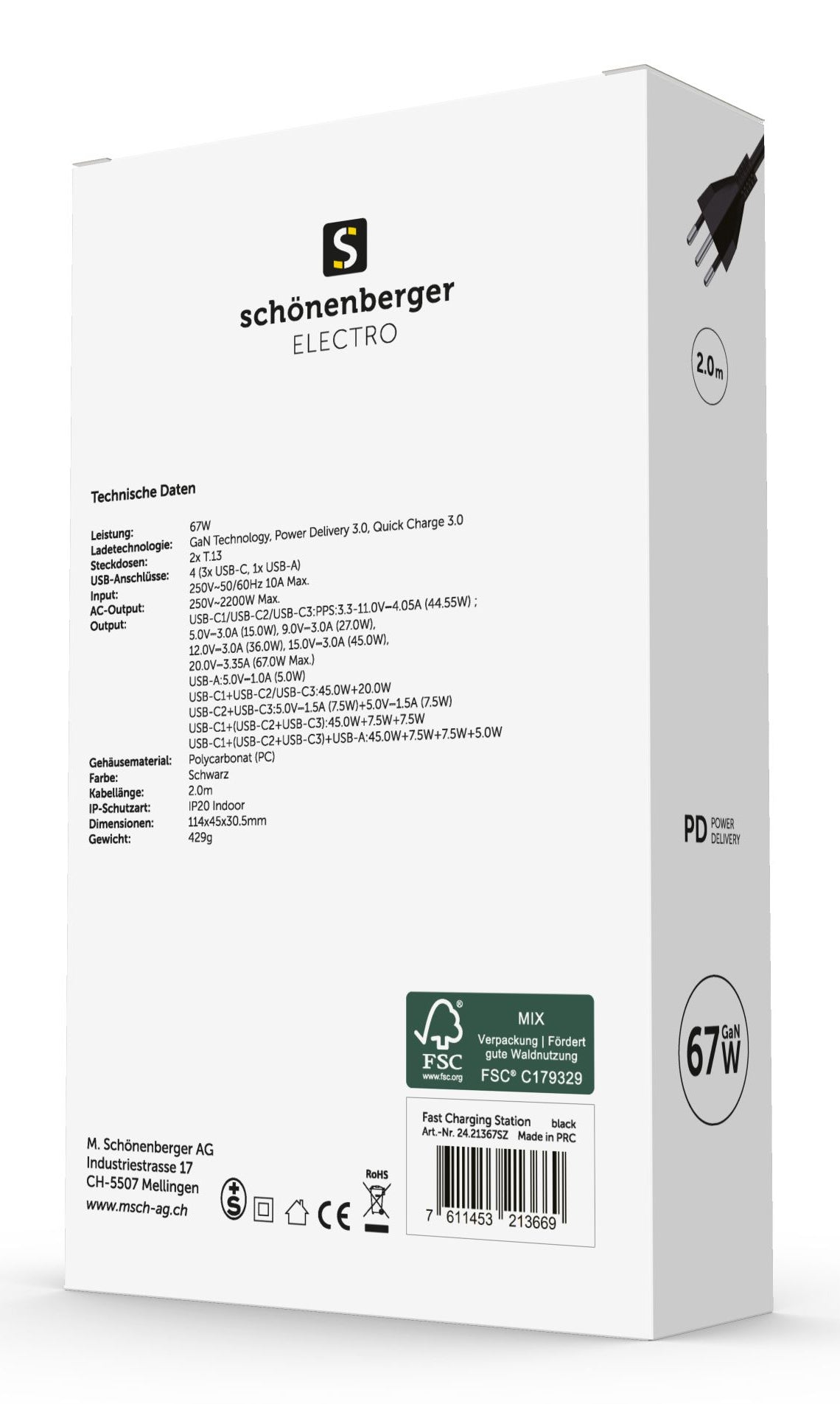 M. Schönenberger Schnellladestation 2xT13 3xUSB-C 1xUSB – Power Delivery 3.0, Schwarz