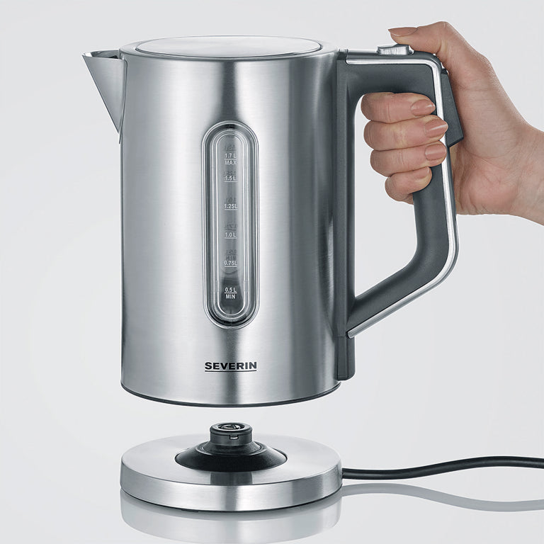 Severin Wasserkocher WK 3418 – 1,7 l, Edelstahl, Temperaturwahl, Warmhaltefunktion, 3000 W, Schwarz, 360°-Sockel