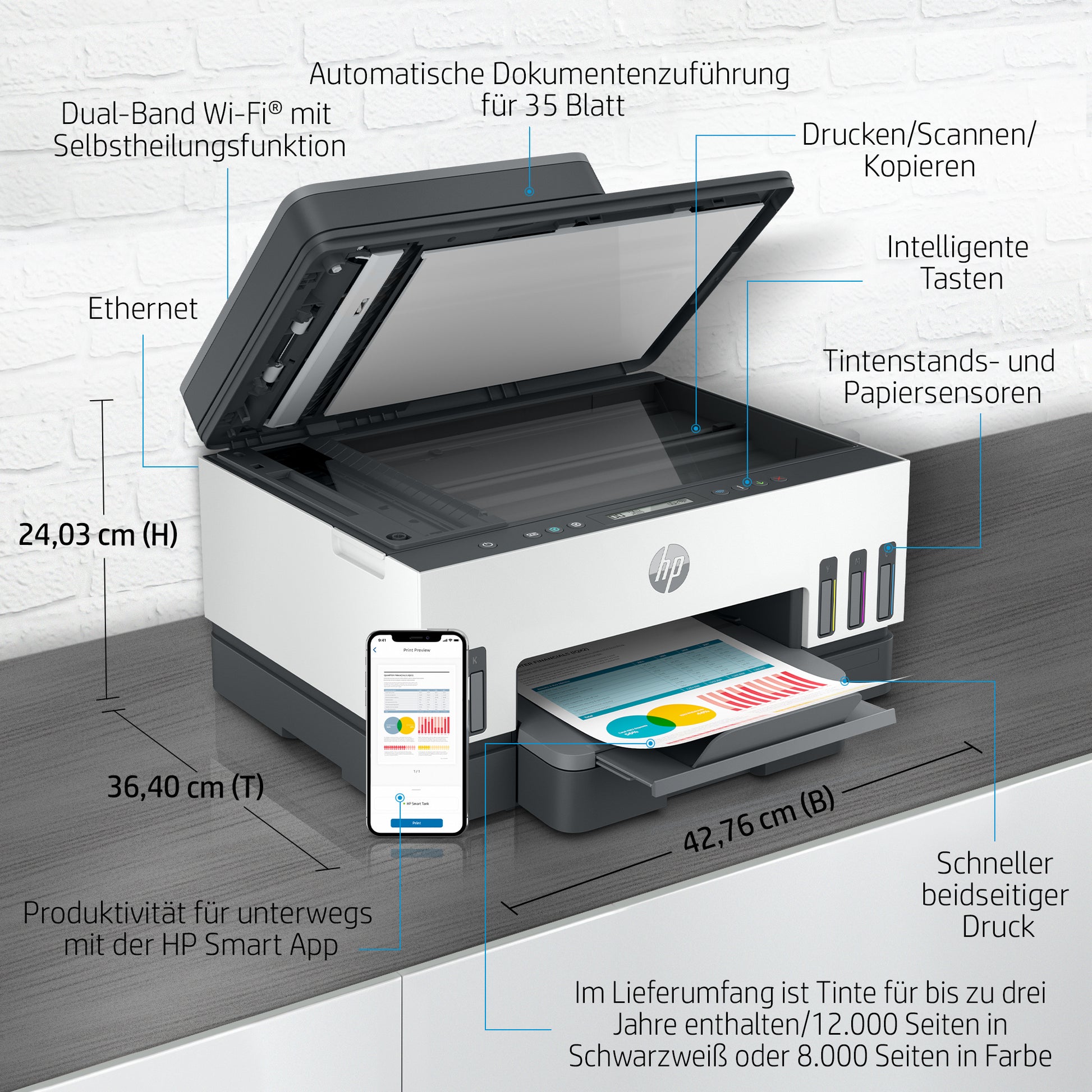 HP Smart Tank 7305 – Farbtintenstrahl-Multifunktionsdrucker, A4, 3-in-1, Duplex, ADF, WLAN/LAN, AirPrint