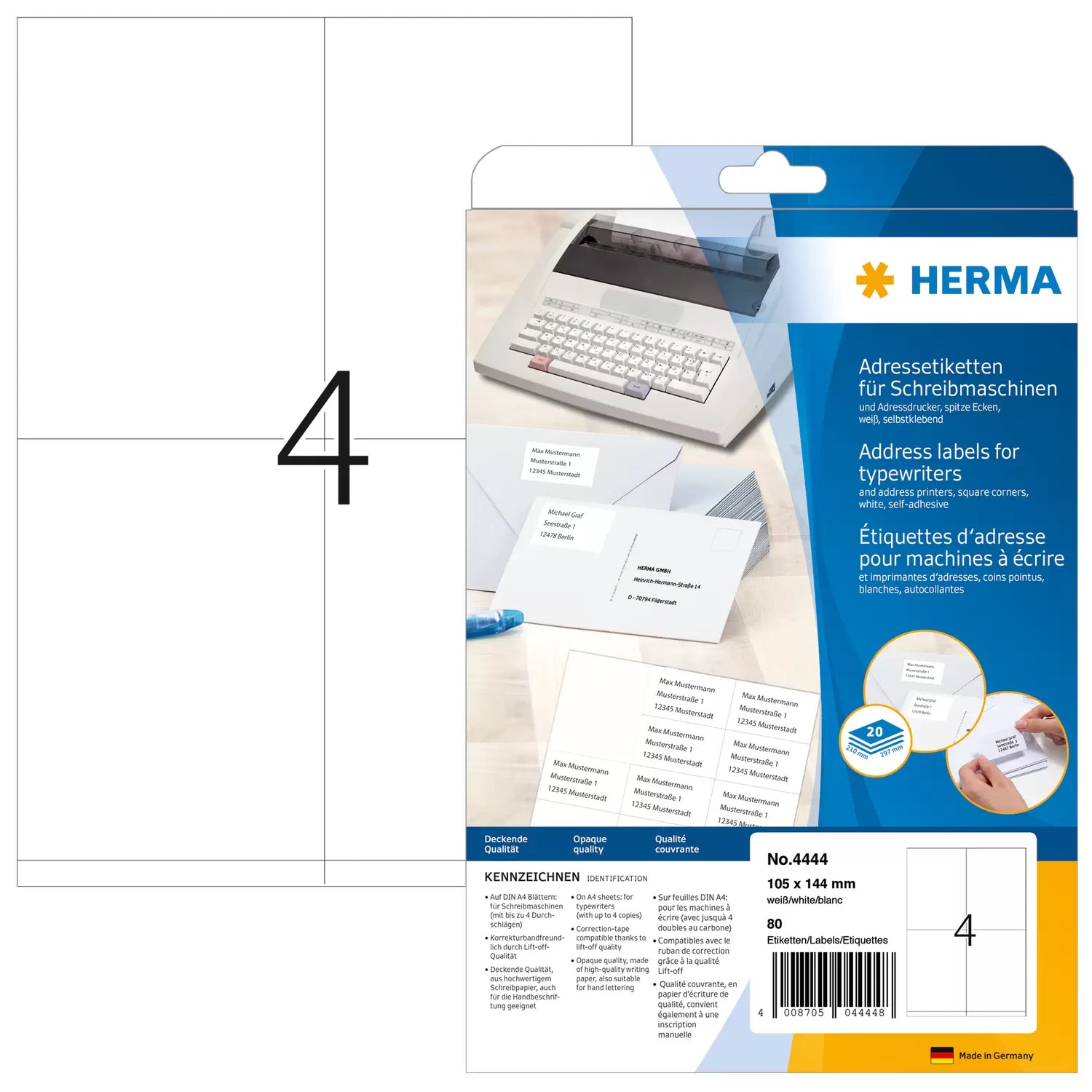 HERMA Adressetiketten, korrigierbar – für Schreibmaschinen (bis 4 Durchschläge) – 80er-Pack