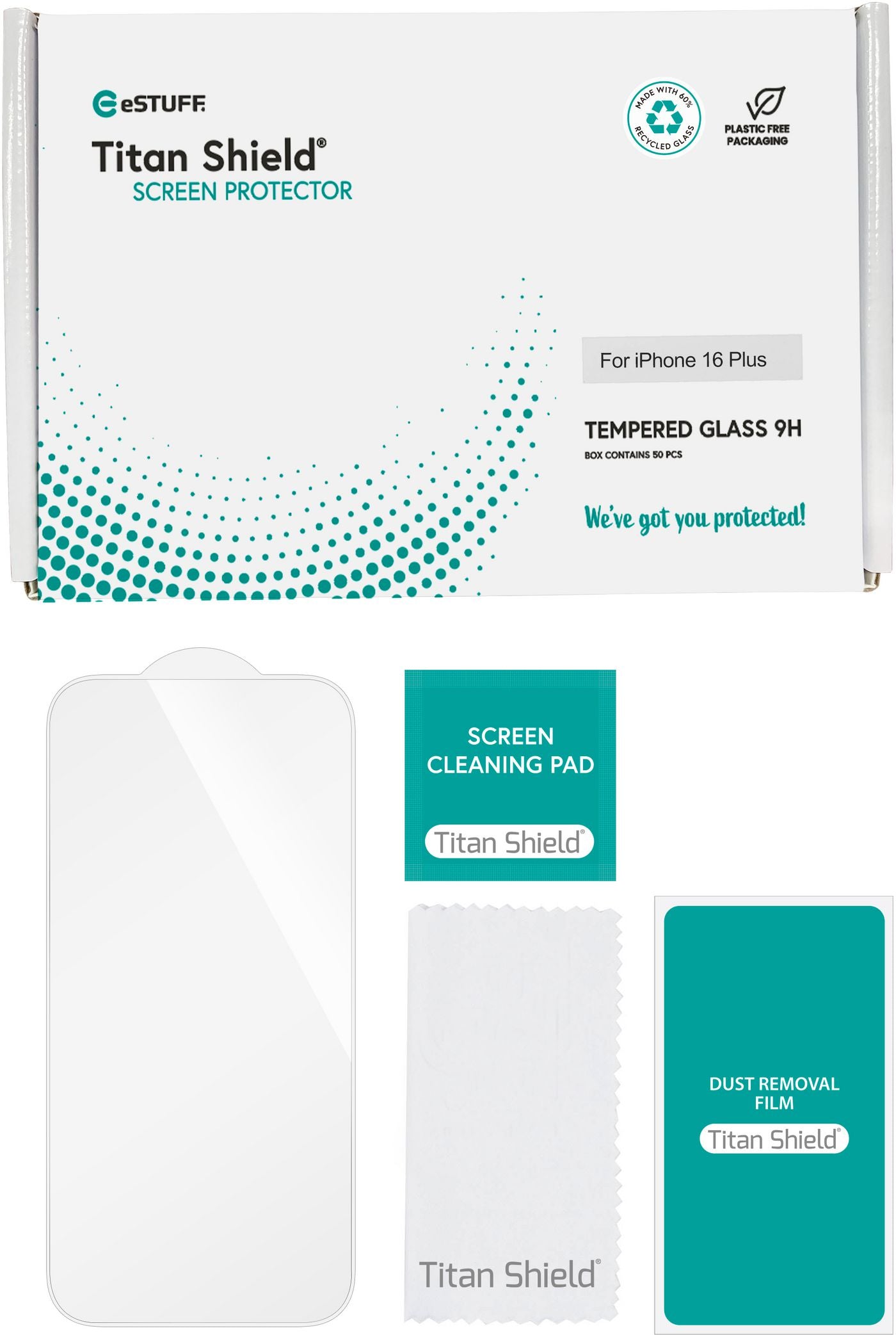 eSTUFF Displayschutzglas Titan Shield – für Apple iPhone 16 Plus, kratzresistent, Hartglas, 9H – 50er-Pack