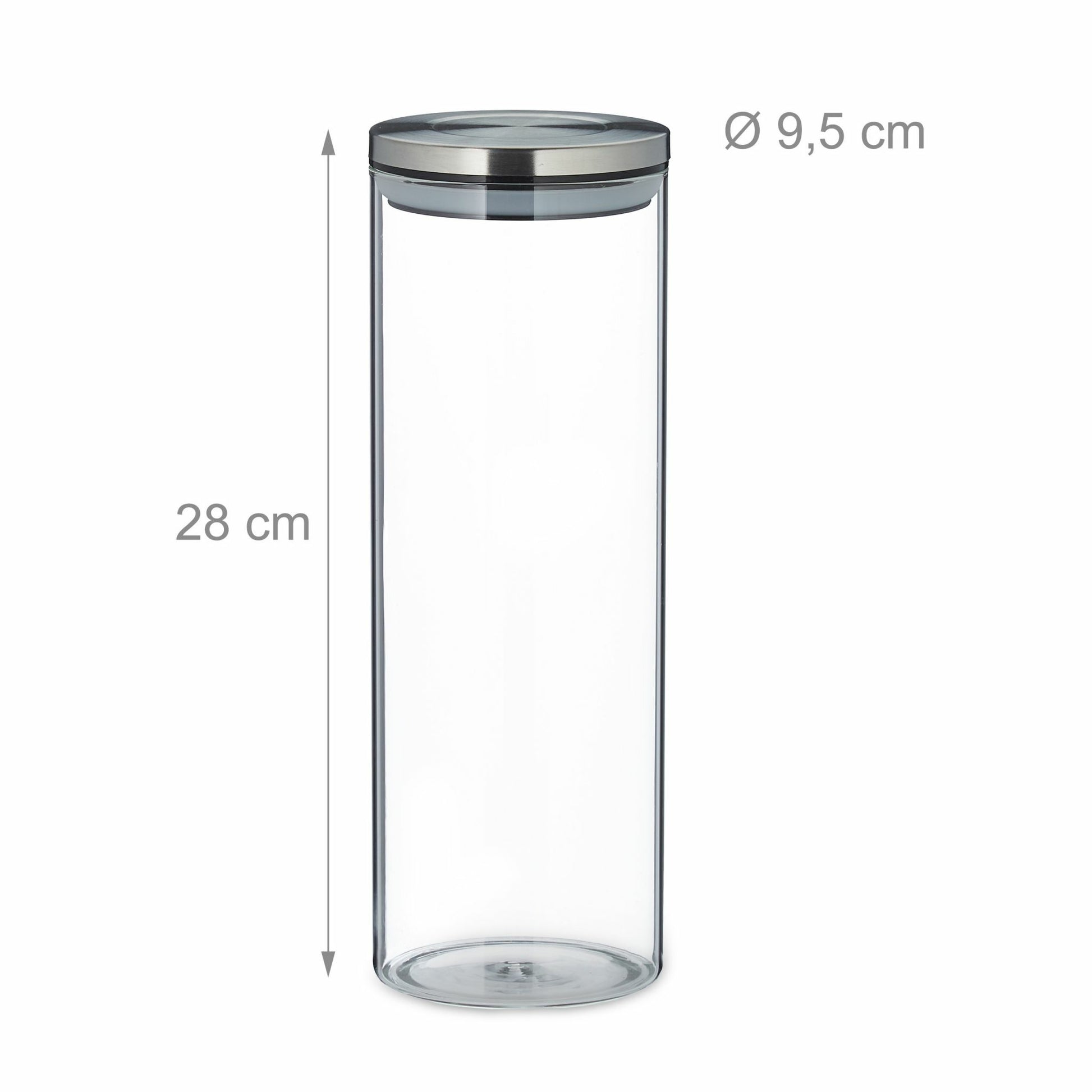 Relaxdays Vorratsdose 1,6 l, Ø 9,5 × 28 cm, Glas (Borosilikat)/Edelstahl/Silikon, transparent/silber, 3 Stk.