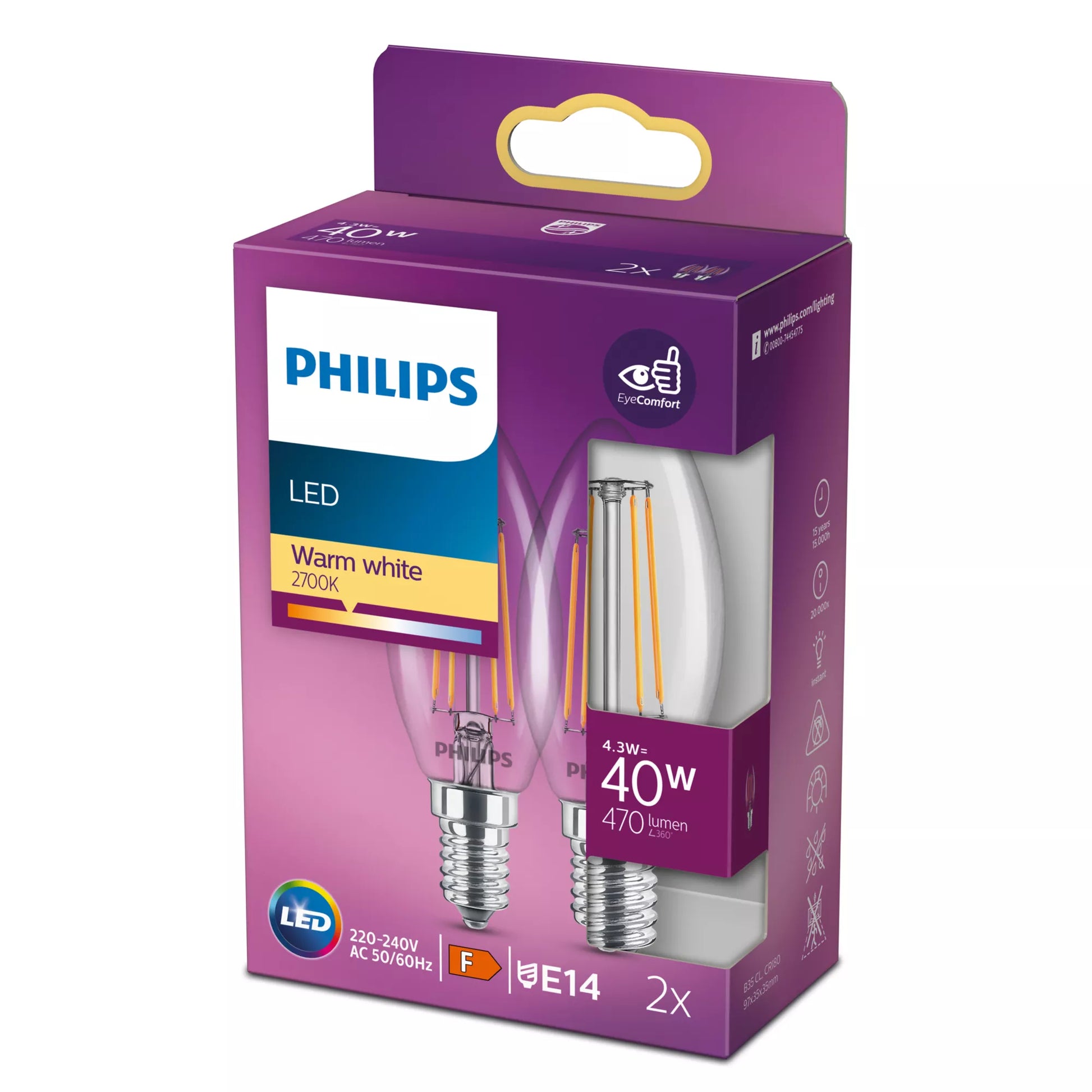 Philips by Signify Philips LED-Leuchtmittel E14 B35 Kerze – 470 lm, 4,3 W, Warmweiss 2700 K – 1 Stk., Klar