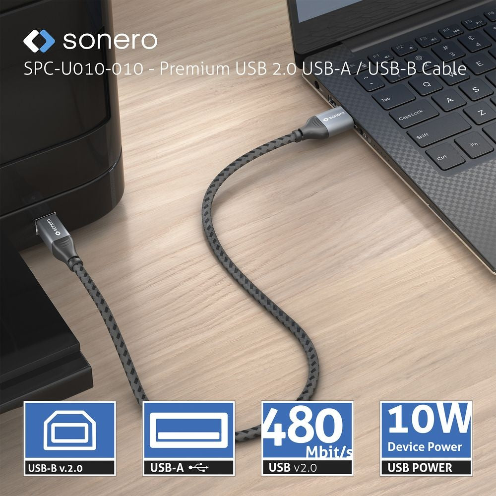 Sonero – USB-A auf USB-B Kabel – USB 2.0 (480 Mbit/s) – 2 m – Geflochten – Schwarz/Grau