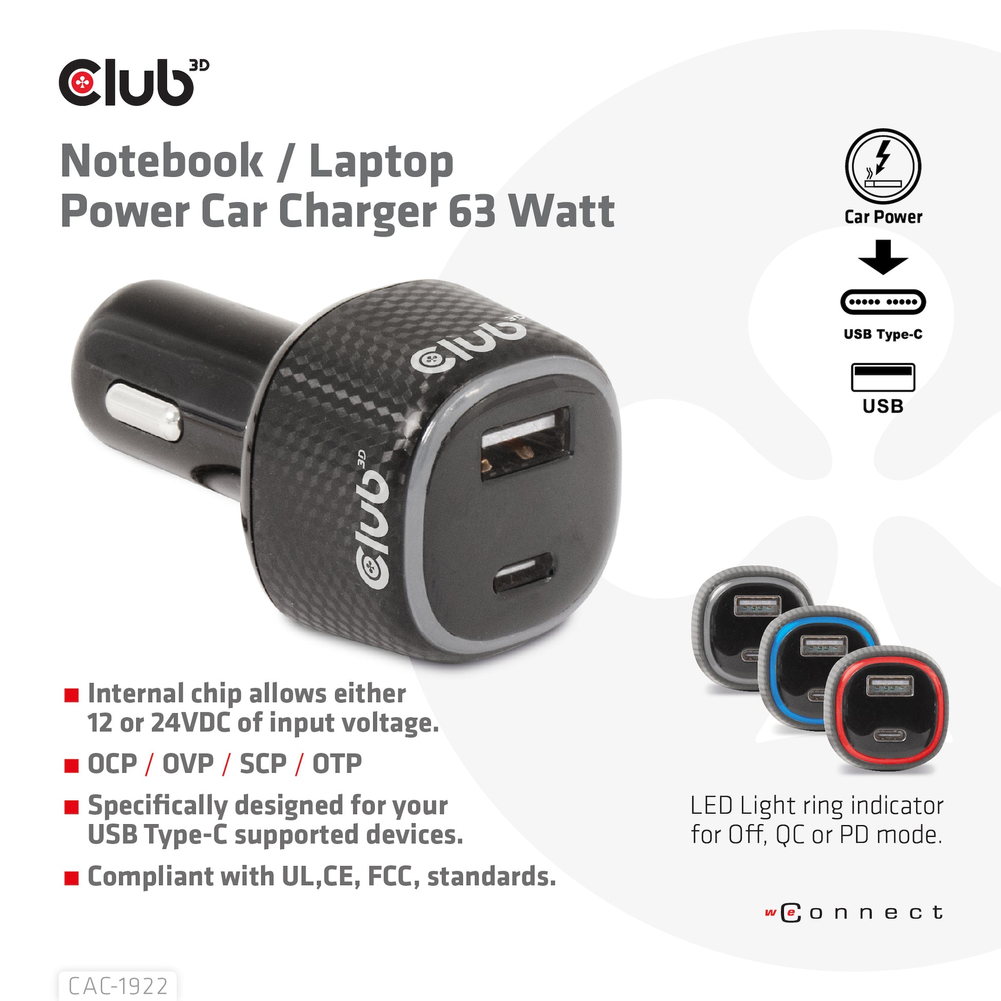 CLUB3D Club 3D CAC-1922 Auto-Ladegerät 63 W – USB-C×1, USB-A×1 – für 12–24 V Bordnetz