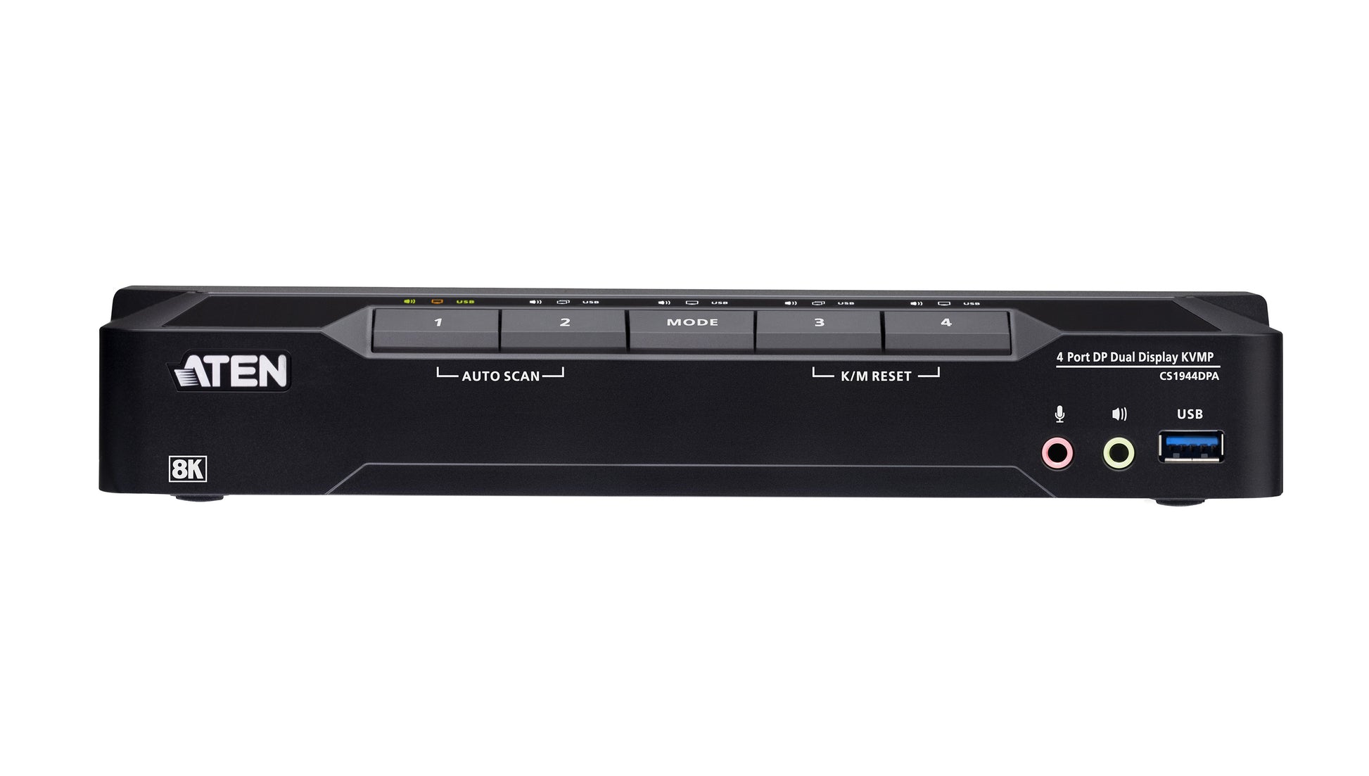 ATEN CS1944DPA – KVM-Switch (Dual-Display) – 4-Port, 8×DP, USB-3.0-Hub 5 Gbit/s, 8K@60, 4K@120, Schwarz