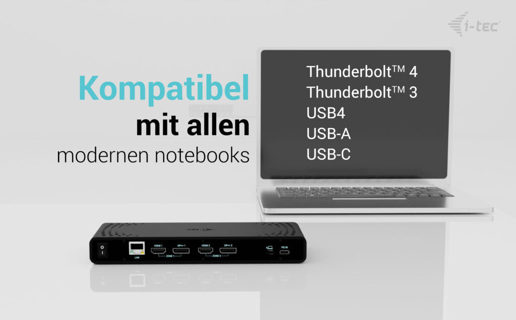 I-TEC Uni Dual 4K Dockingstation – USB-C, 2× DP, 2× HDMI, 4× USB-A, 85 W PD, GbE, für Windows/Mac