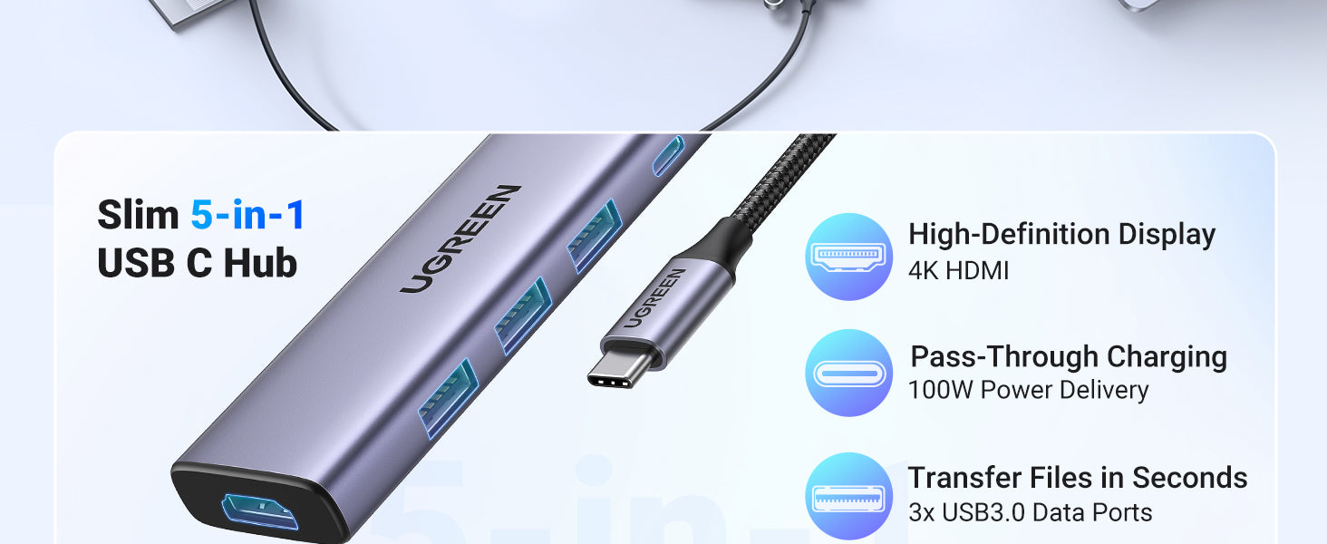 UGREEN 15596 Multiport-Adapter – USB-C, 1× HDMI, 3× USB-A, 1× USB-C, 100 W PD, für Windows/Mac/ChromeOS