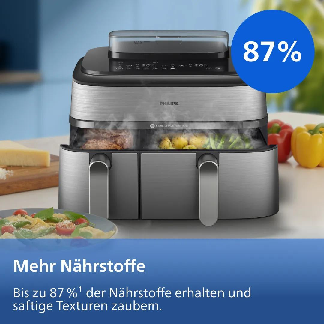 Philips Heissluftfritteuse NA555/00 – 9 l, Doppelkorb & Rapid Air, 2750 W – silber