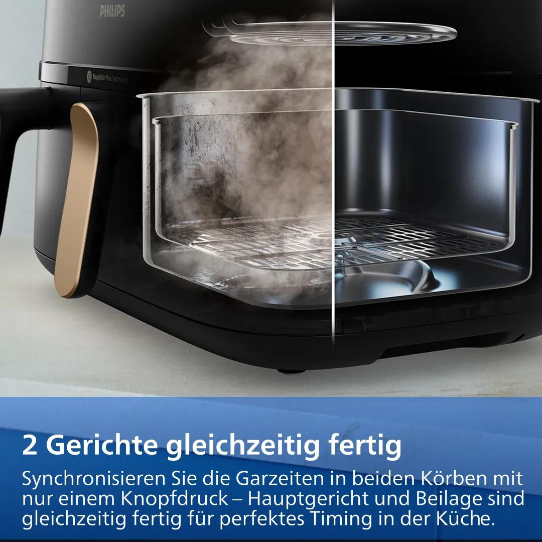 Philips Heissluftfritteuse NA552/00 – 9 l, Rapid Air & Braten, 2750 W – Schwarz/Gold