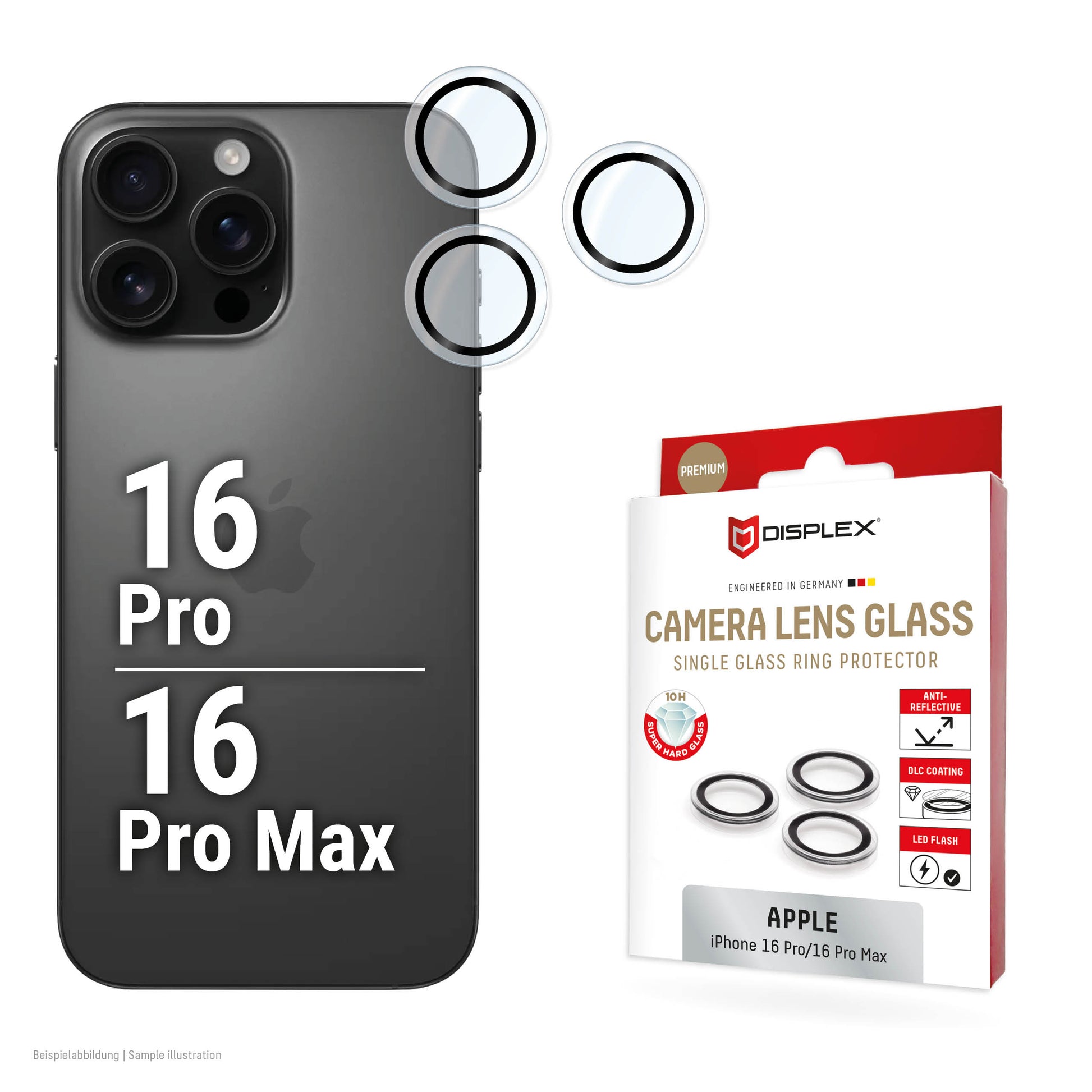 E.V.I. DISPLEX CAMGLASS Einzellinse – Kameraobjektivschutz – für iPhone 16 Pro/16 Pro Max, 10H, Schwarz/Transparent