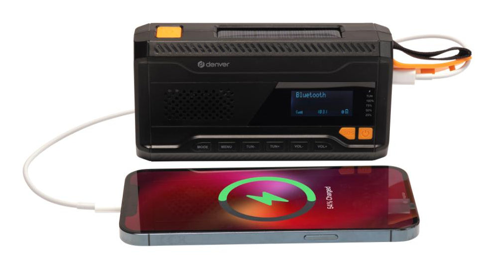 Denver SCD-2033 – Tragbares DAB+ Radio, UKW, Bluetooth 5.3, Powerbank, Akku 2'000 mAh, Solar/Dynamo – Schwarz
