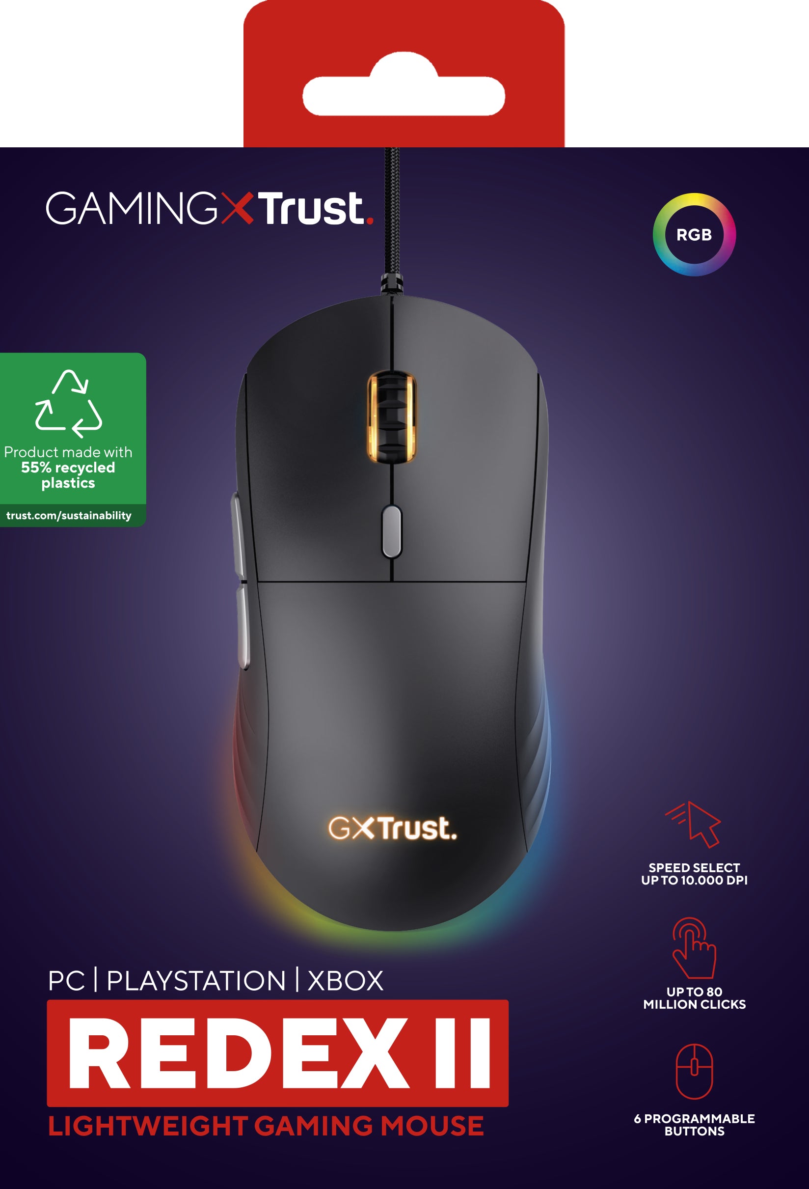 Trust GXT925 Redex II Gaming-Maus – kabelgebunden, 6 Tasten, für Rechtshänder, Beleuchtung, schwarz