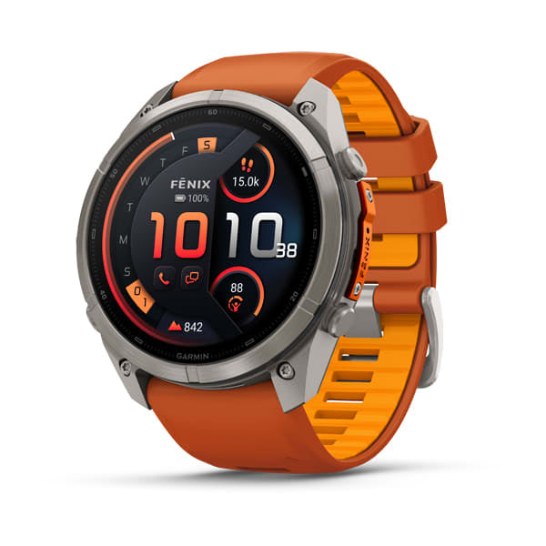 Garmin fēnix 9 Pro 51 mm GPS + Cellular – Titan, Silikonband, Orange, 100 m, für iPhone
