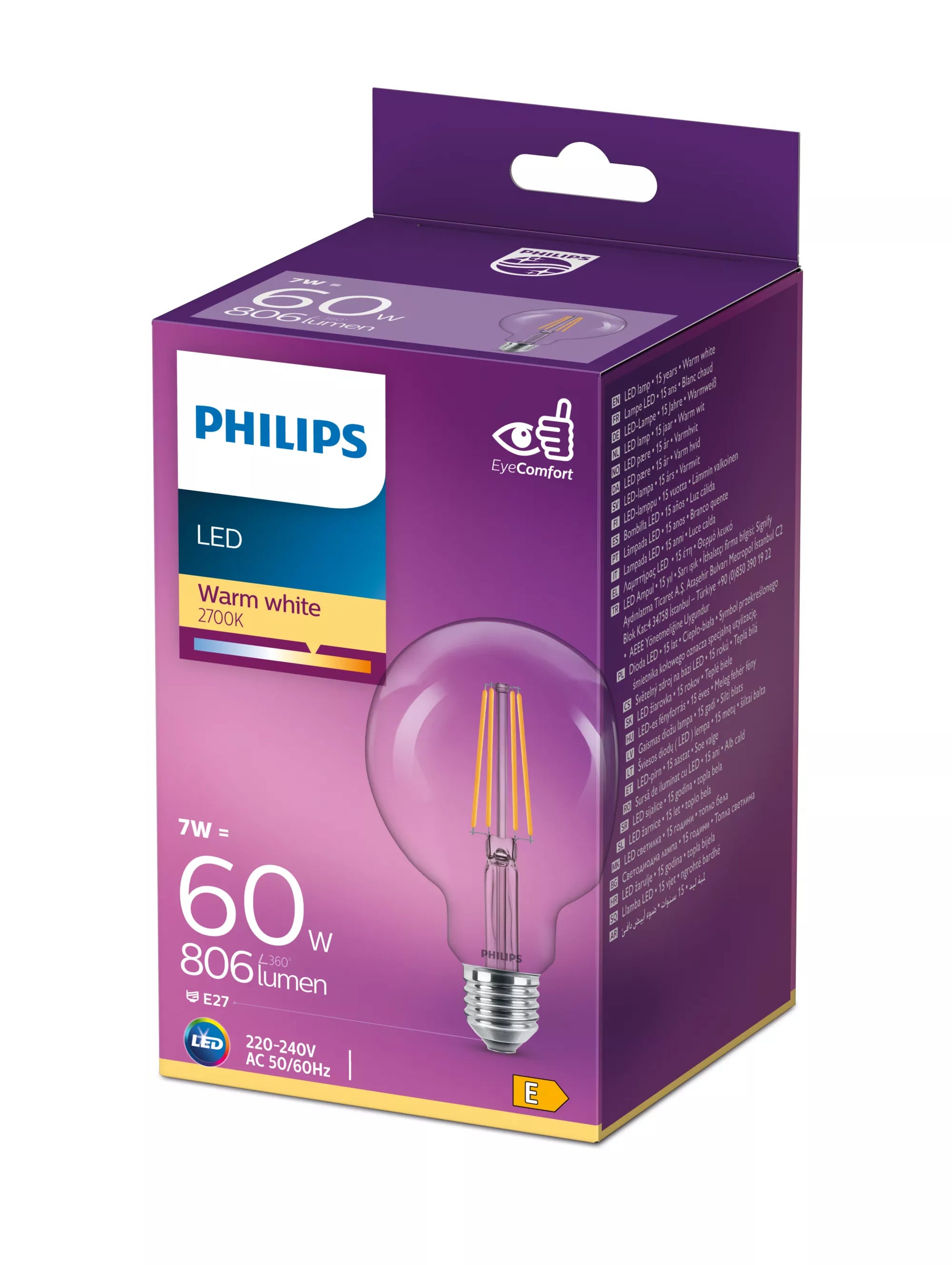 Philips by Signify Philips LED-Leuchtmittel E27 Globus – Warmweiss 2700 K, 806 lm, 7 W – IP20 – 1 Stk. – Transparent