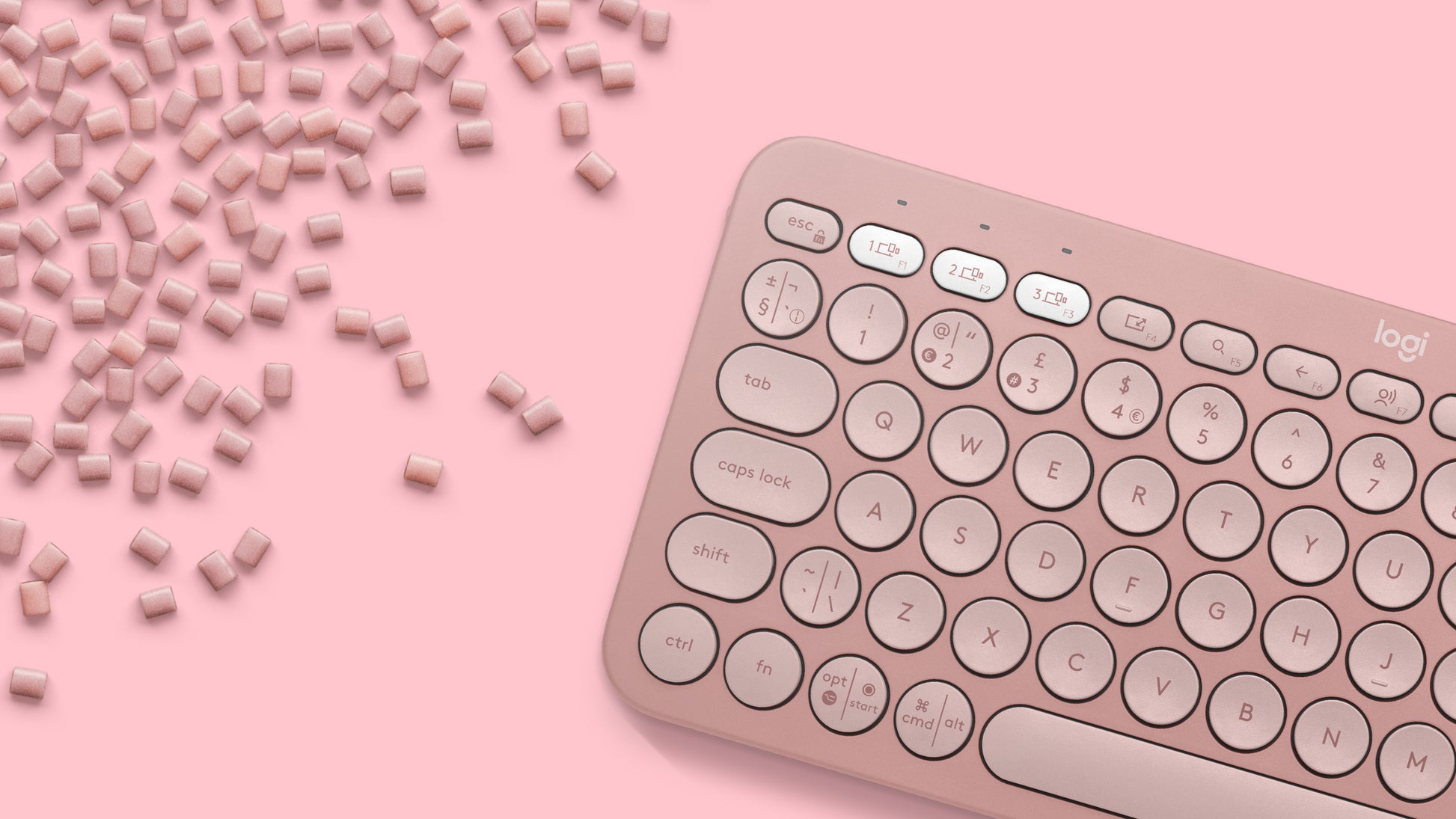 Logitech Pebble Keys 2 K380s – Mini Tastatur – Scherenmechanik – Bluetooth – QWERTY (UK‑INT) – Ohne Ziffernblock – Rose