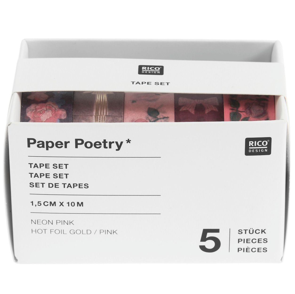 Rico Design La Vie En Ros Washi Tape – 15 mm × 10 m, mehrfarbig, Papier, wiederablösbar, 5 Rollen