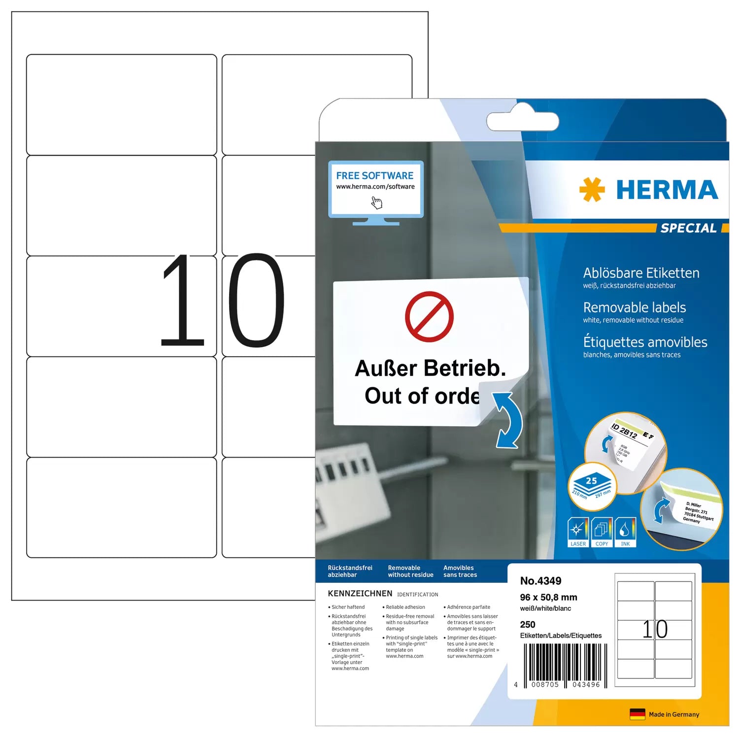HERMA Special – Etiketten A4 96 × 50,8 mm – Papier, matt – wiederablösbar – Laser/Inkjet – 10 pro Blatt, 25 Blätter