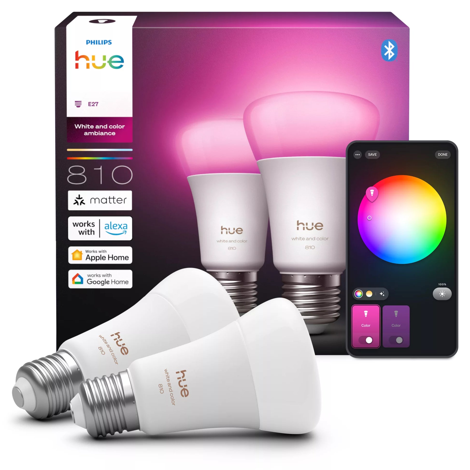 Philips by Signify Philips Hue Smart-Leuchtmittel E27 A60 – RGB+CCT, 810 lm, 6 W, Zigbee/Bluetooth – für Alexa, HomeKit – 2 Stk.
