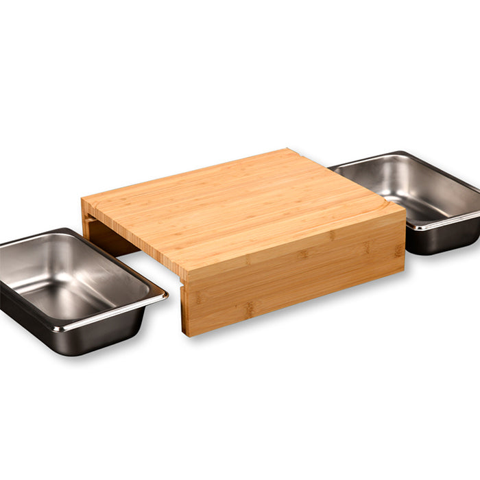 Kesper Schneidebrett 35 × 29 × 9,5 cm, Bambus/Edelstahl, mit Saftrille, mit 2 Auffangschalen, Braun/Silber