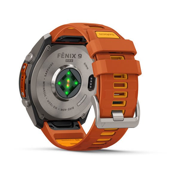Garmin fēnix 9 Pro 51 mm GPS + Cellular – Titan, Silikonband, Orange, 100 m, für iPhone